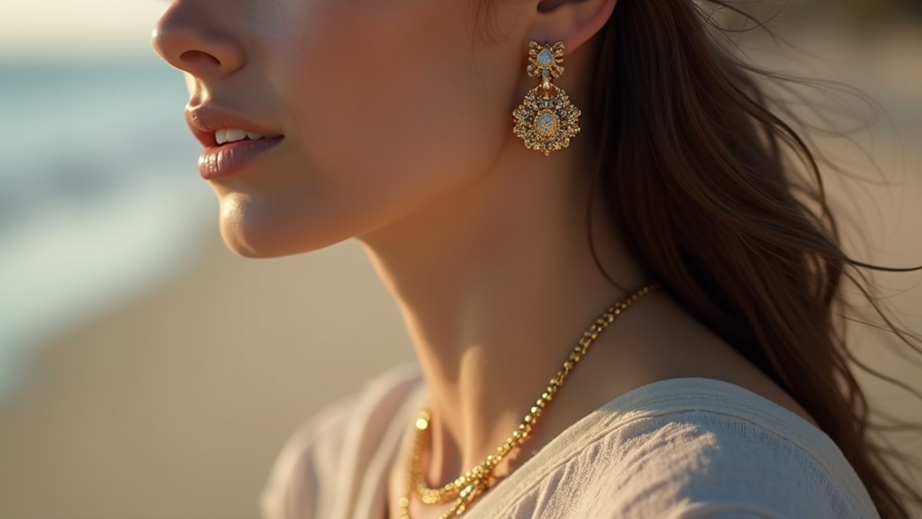 Woman wearing gold earrings and necklace with a blurred background
